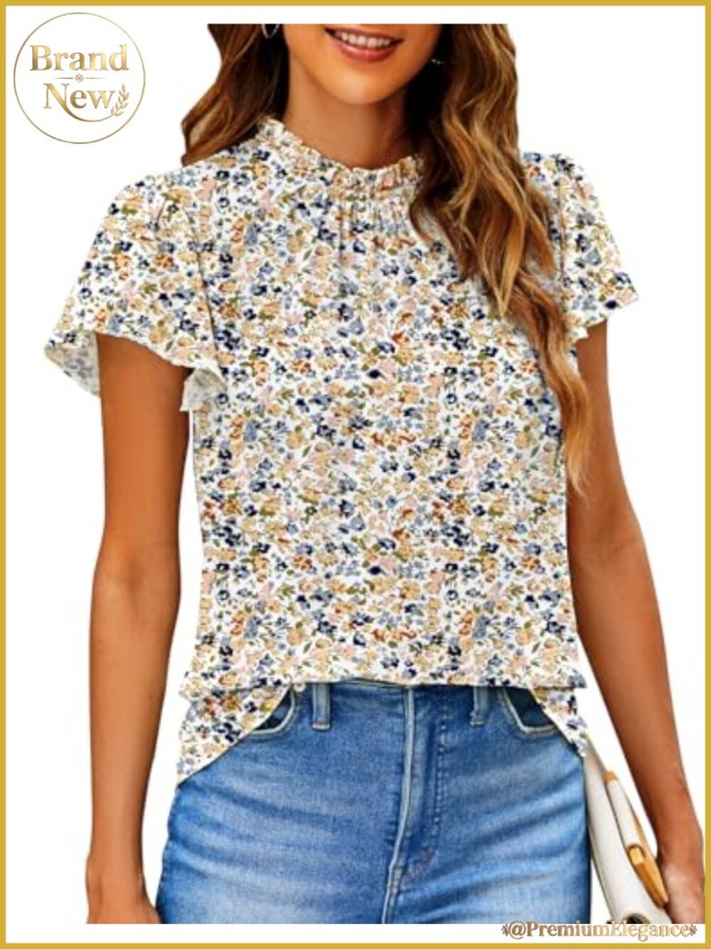 Women Boho Floral Ruffle Blouse Short Sleeve Summer 100% Polyester